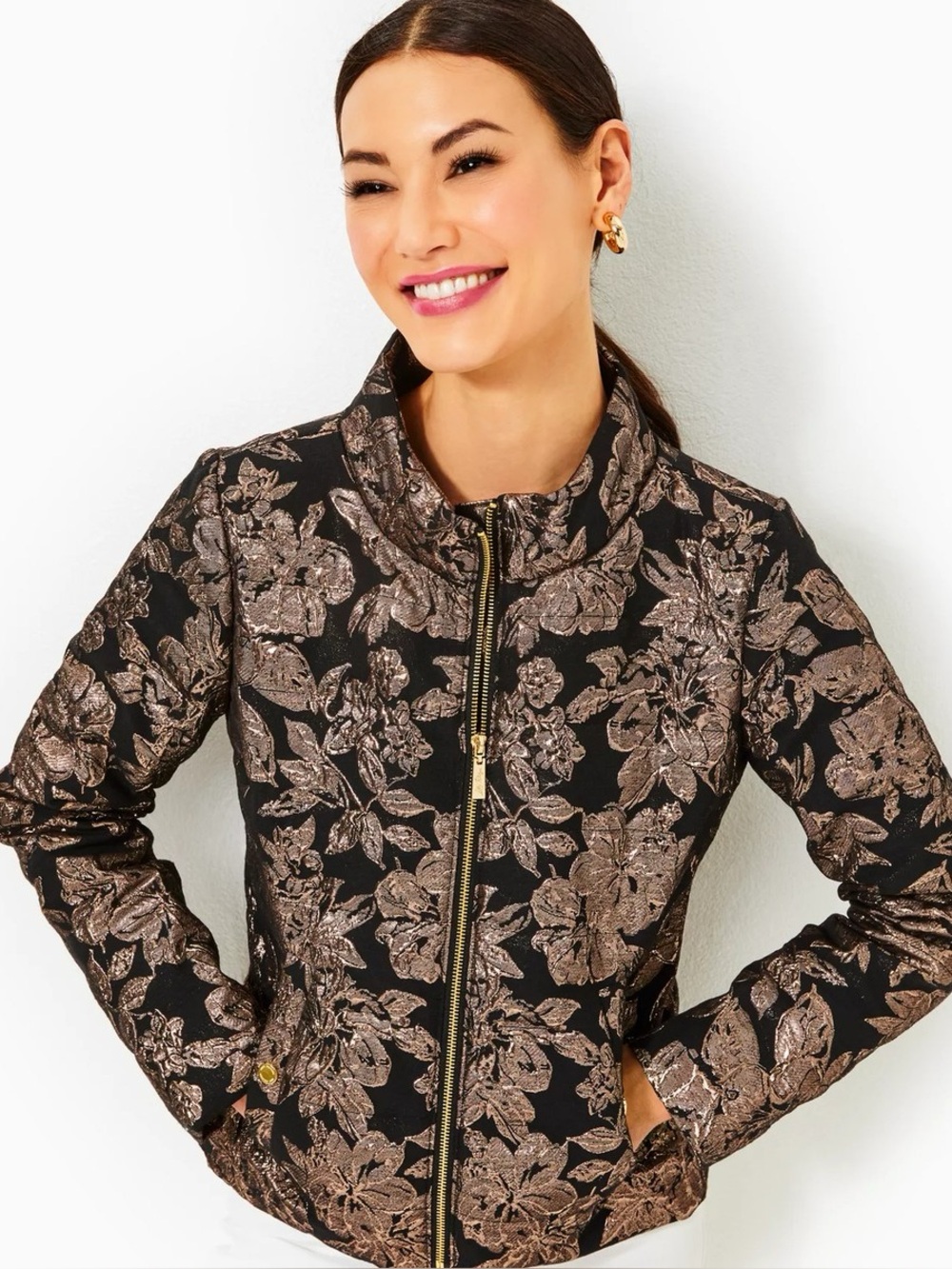 Lilly Pulitzer Black Bomber Jacket with Metallic Floral Jacquard